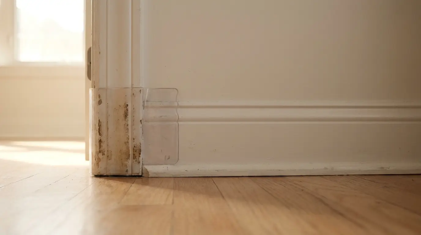 Door frame with dirt marks on hardwood floor in natural daylight