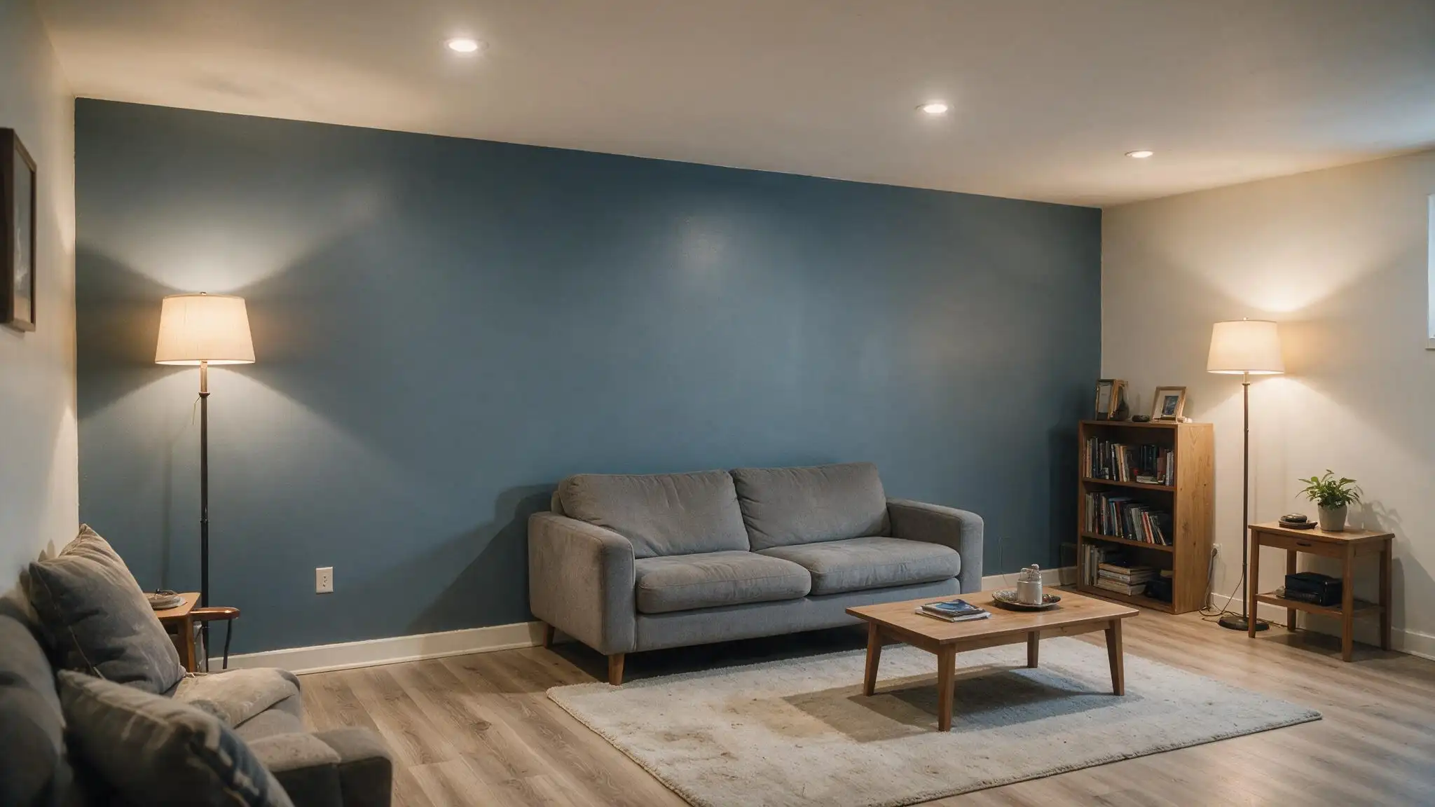 basement feature wall painted in slate tile blue gray behind a grey sofa with pale walls elsewhere