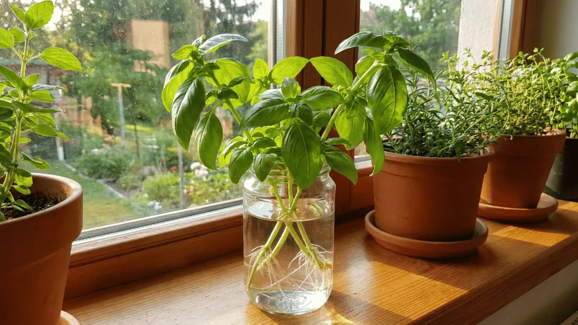 basil cuttings with fresh green leaves and fine white roots growing in a glass jar among potted herbs on a sunny windowsill
