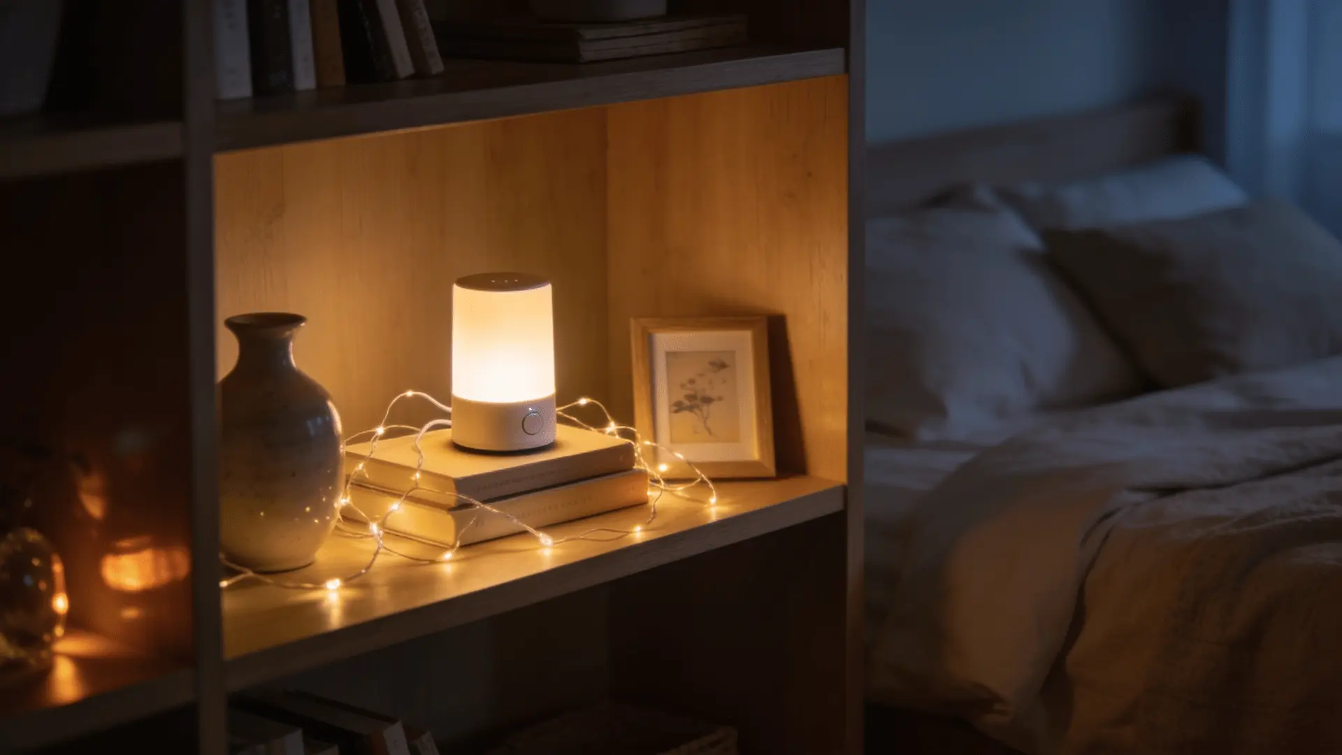 mini lamp and string lights adding warm glow to bedroom shelves