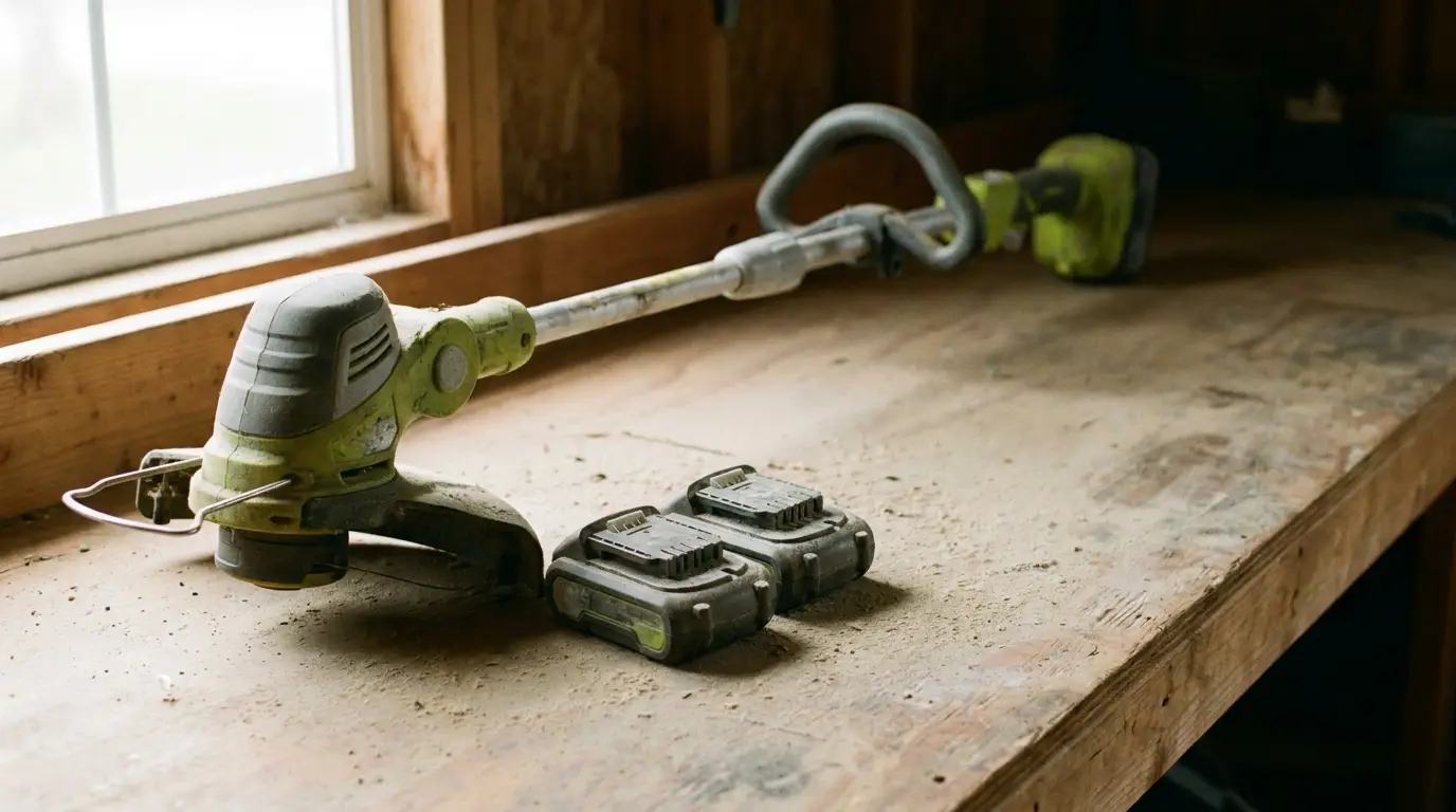 Cordless string trimmer and batteries on dusty wooden workbench in shed with window light