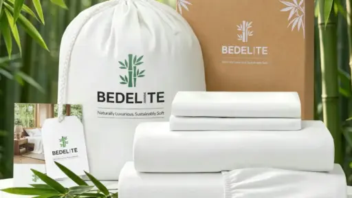 Bamboo bedding set with packaging and tags in lush green bamboo forest setting