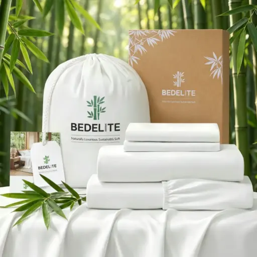 Bamboo bedding set with packaging and tags in lush green bamboo forest setting