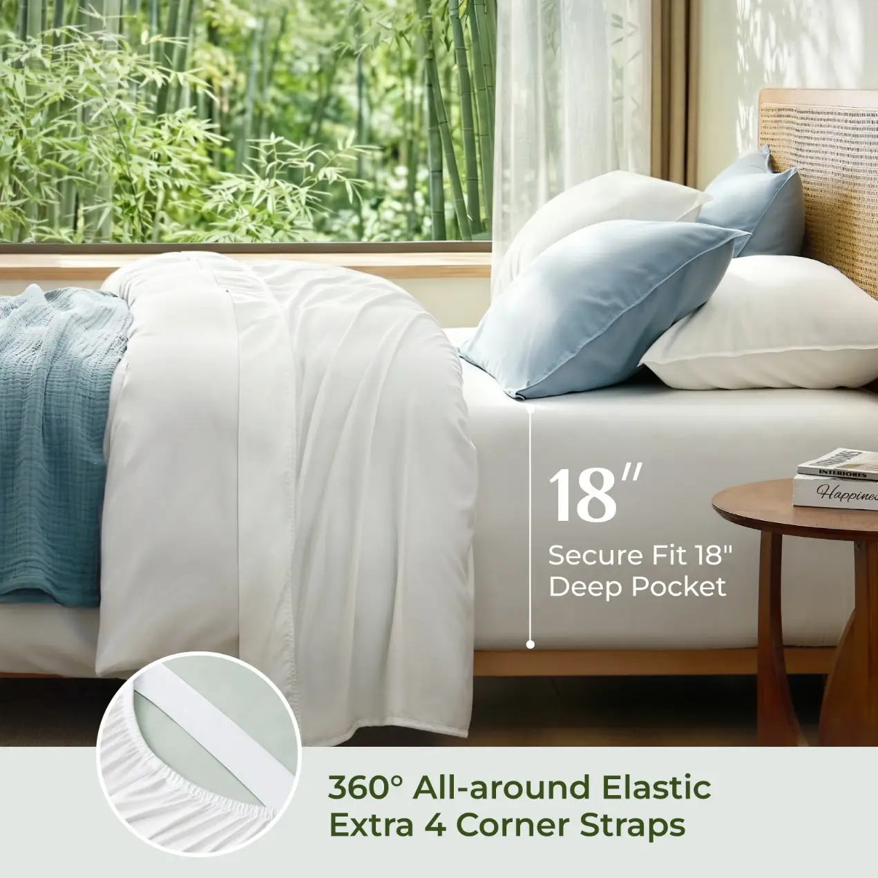 Bed with white sheets and blue pillows near a window with bamboo view