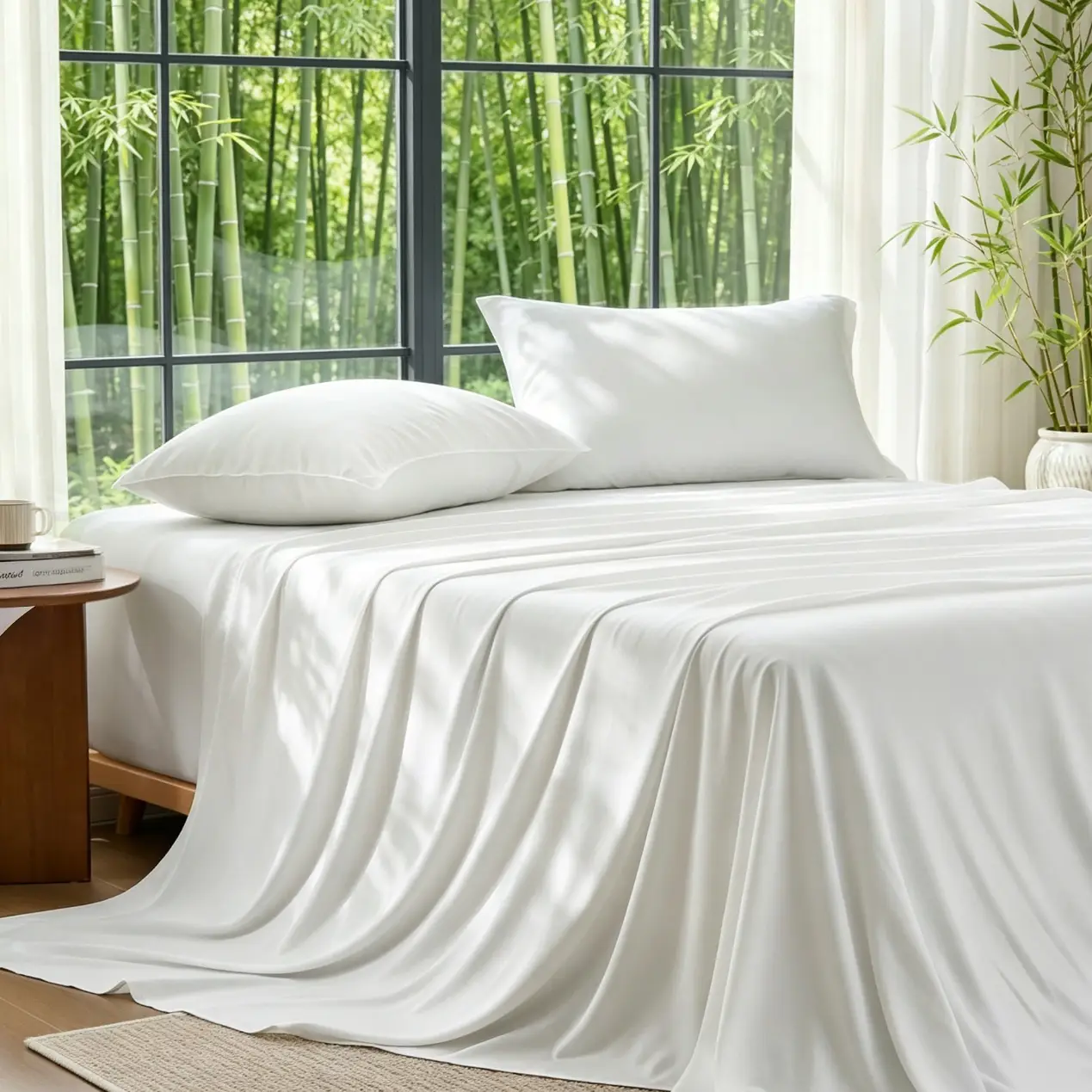 Luxurious white bed with silky sheets and pillows in a sunlit room with bamboo plants