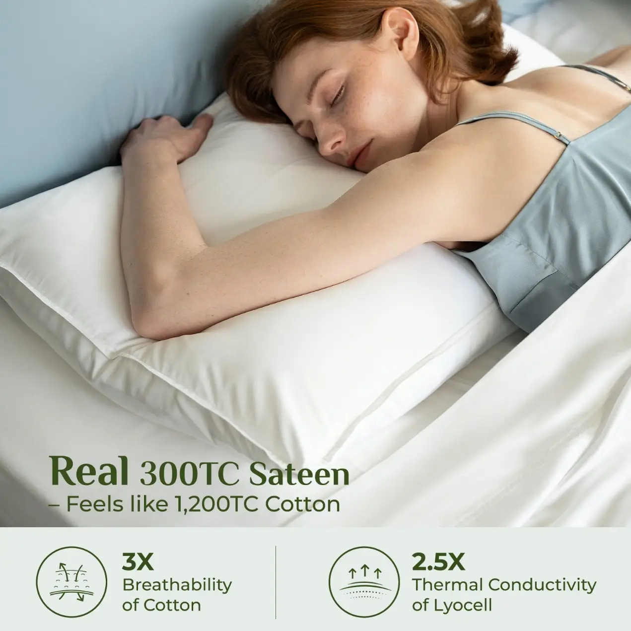 Woman sleeping on white pillow with light blue bed sheets in softly lit room