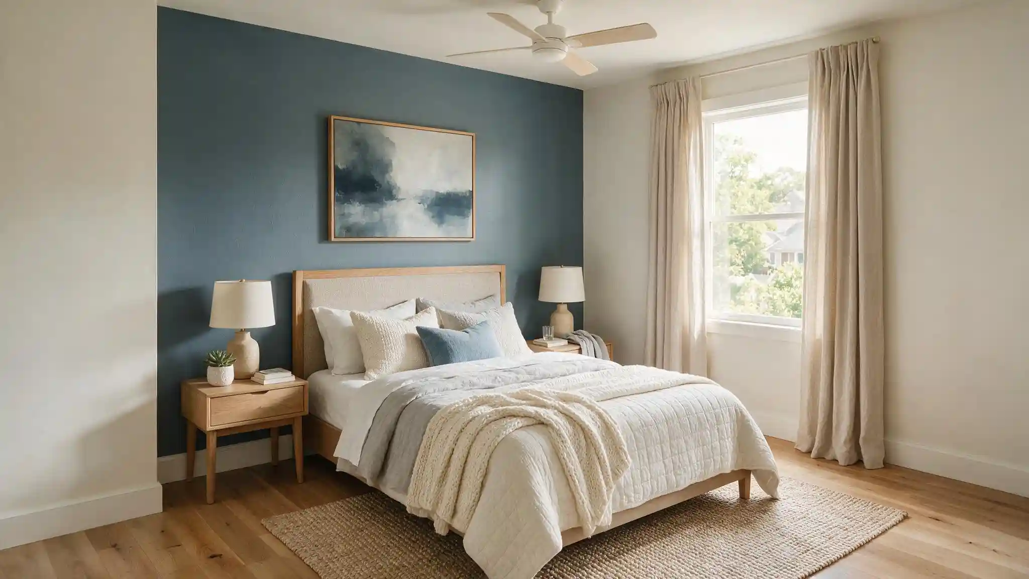 guest bedroom with a slate bluen gray accent wall behind the bed and warm white surrounding walls