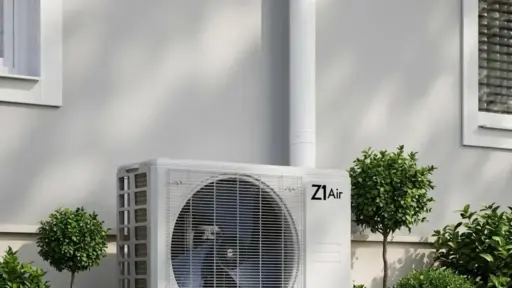 Outdoor air conditioner unit on grass beside modern house with small shrubs