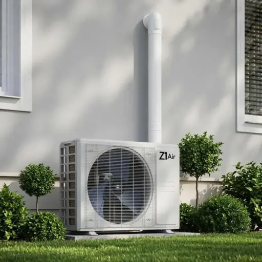 Outdoor air conditioner unit on grass beside modern house with small shrubs