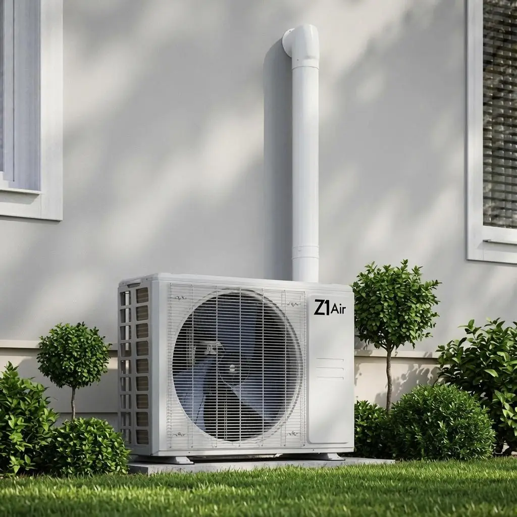 Outdoor air conditioner unit on grass beside modern house with small shrubs