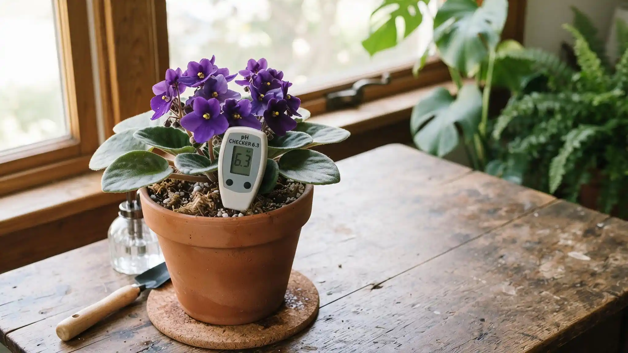 healthy african violet beside a soil ph meter showing the ideal slightly acidic range for growth