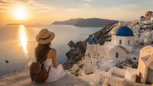 girl sitting above a coastal village with white buildings, blue domes and sunset sea views