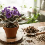 healthy african violet with potting mix ingredients and repotting tools on a bright indoor table