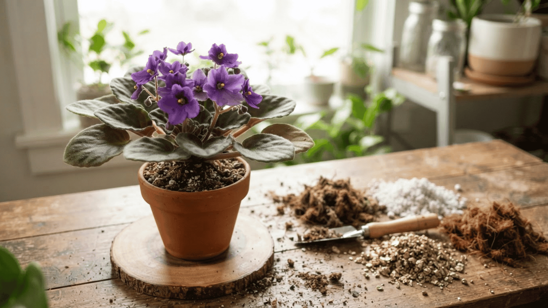 healthy african violet with potting mix ingredients and repotting tools on a bright indoor table