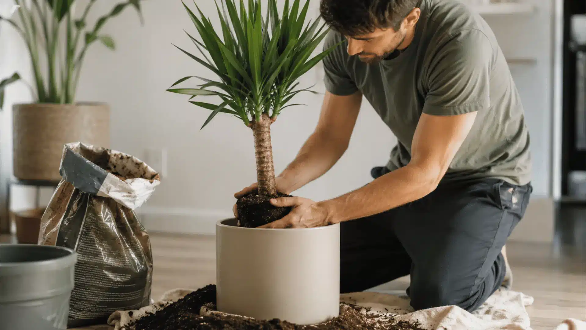 young yucca in a pot indoors pressing the soil around it with his bare ungloved hands