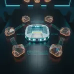Futuristic boardroom with digital stadium hologram on table surrounded by glowing geometric shapes