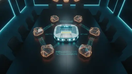 Futuristic boardroom with digital stadium hologram on table surrounded by glowing geometric shapes