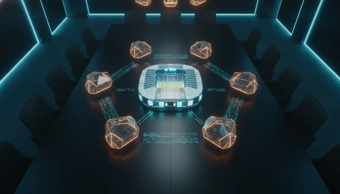 Futuristic boardroom with digital stadium hologram on table surrounded by glowing geometric shapes