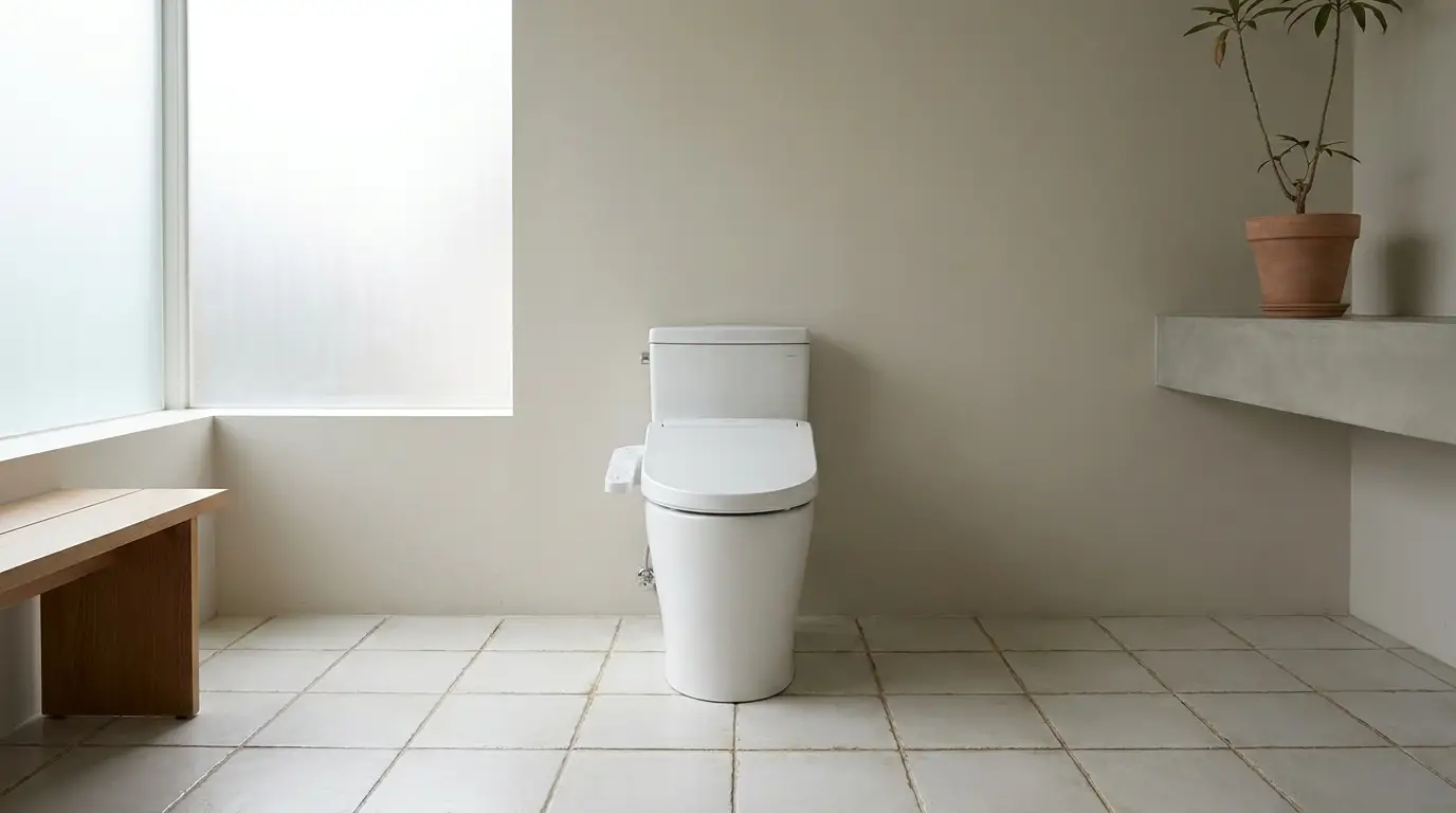 Modern white toilet in minimalist bathroom with tiled floor and potted plant on shelf