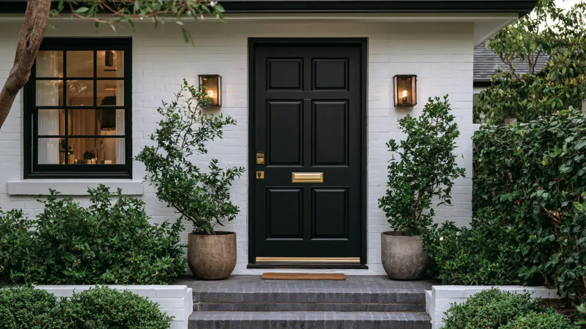 sleek matte black front door with brass hardware on modern house exterior facade