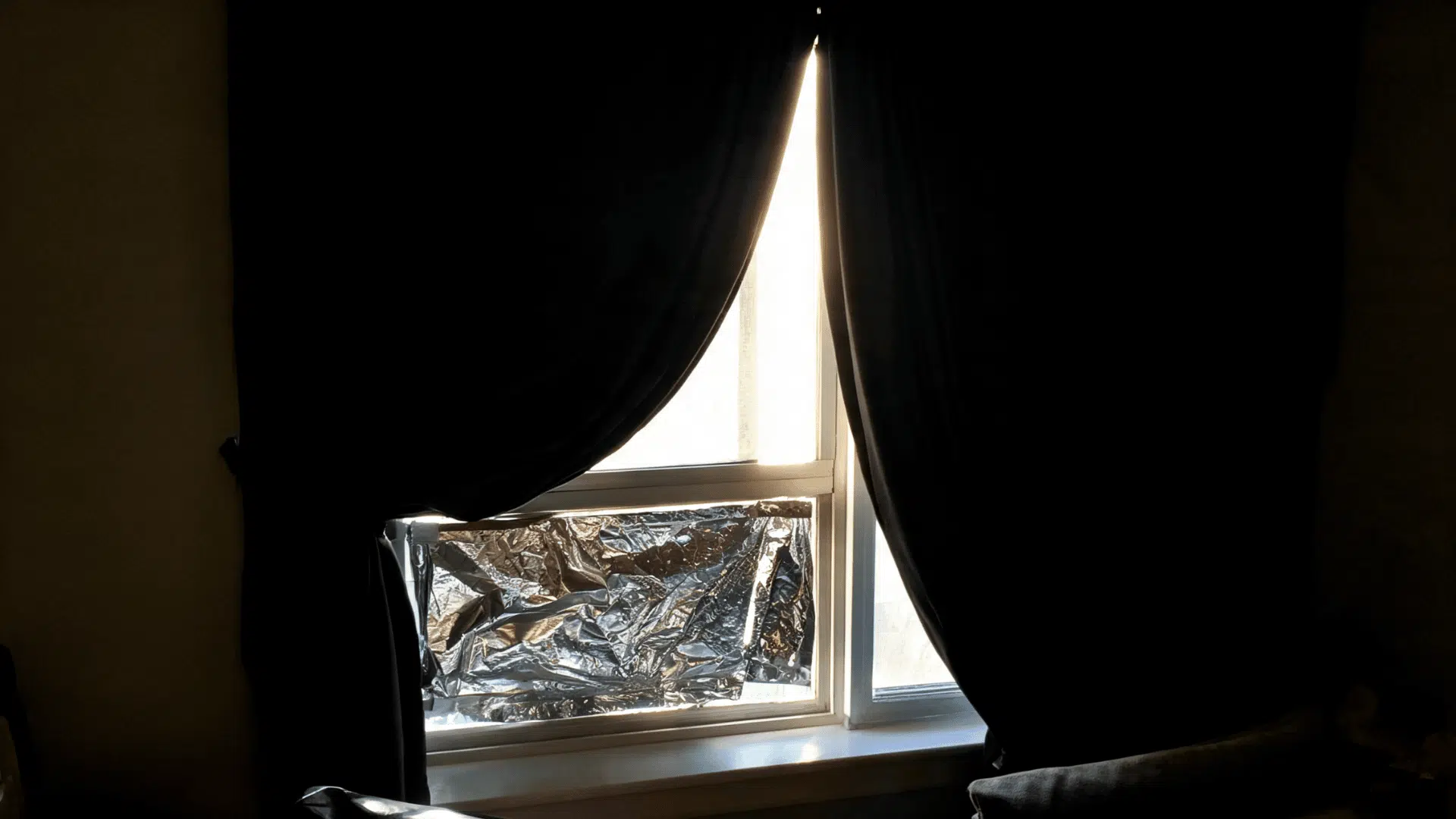 blackout curtains and foil covering a window to block bright sunlight and reduce room heat