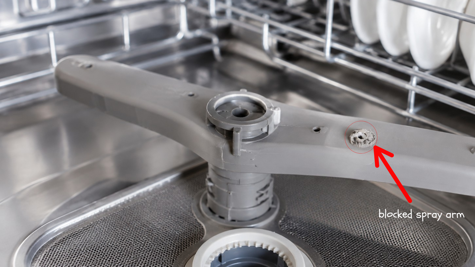close view of a dishwasher spray arm with chalky debris blocking one of the water outlet holes