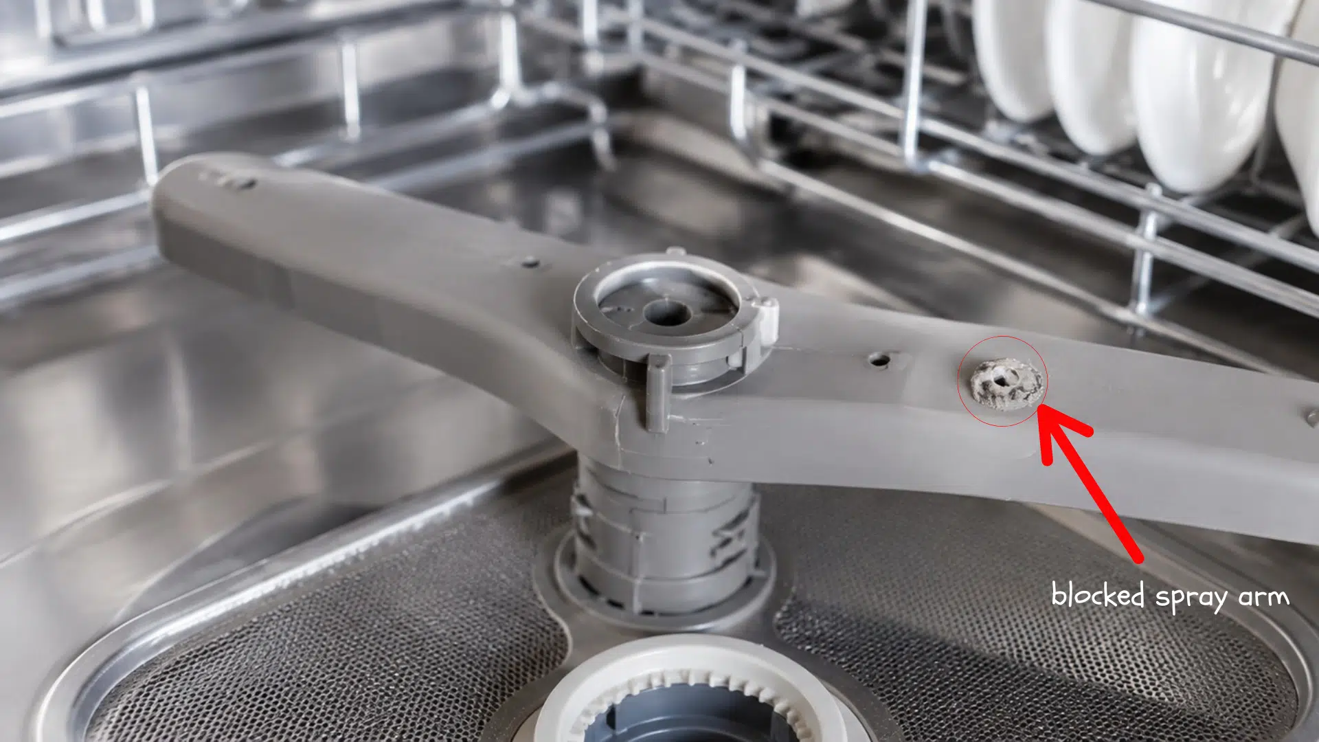 close view of a dishwasher spray arm with chalky debris blocking one of the water outlet holes