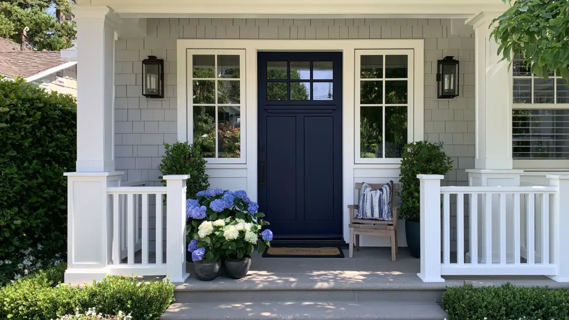 navy blue front door with crisp white trim on coastal style home exterior wall