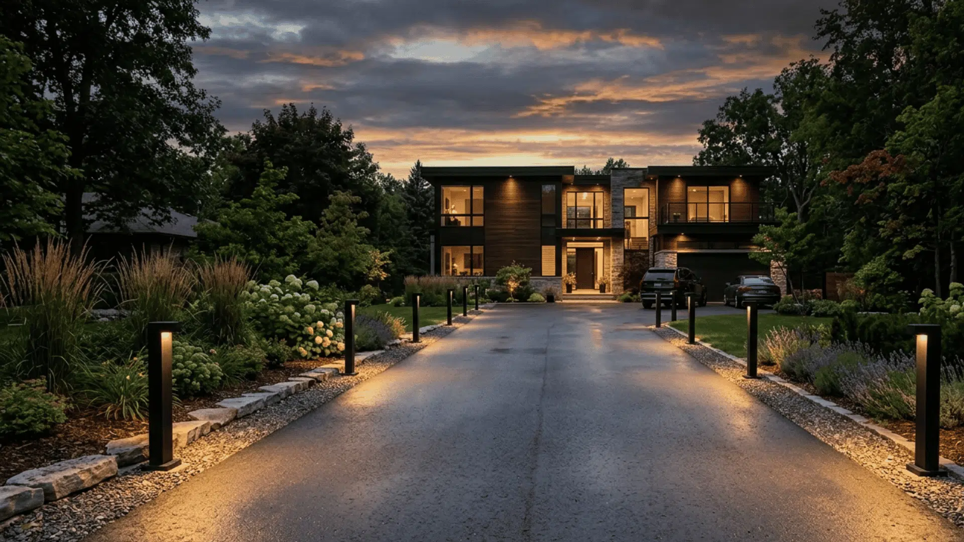 black bollard lights lining a wide driveway and casting even light across the ground below