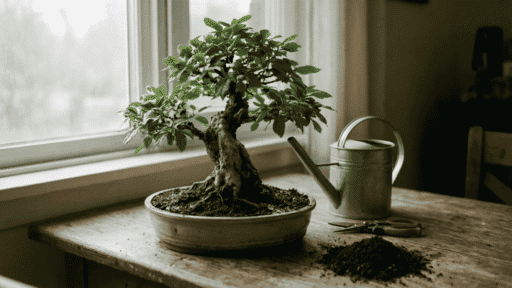 healthy bonsai tree near a bright window with watering can pruning shears fresh soil and humidity tray plant care