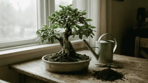 healthy bonsai tree near a bright window with watering can pruning shears fresh soil and humidity tray plant care