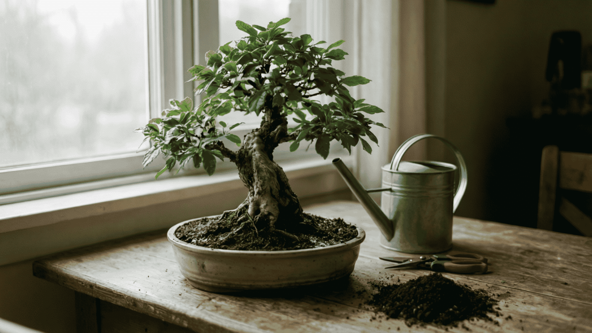 healthy bonsai tree near a bright window with watering can pruning shears fresh soil and humidity tray plant care