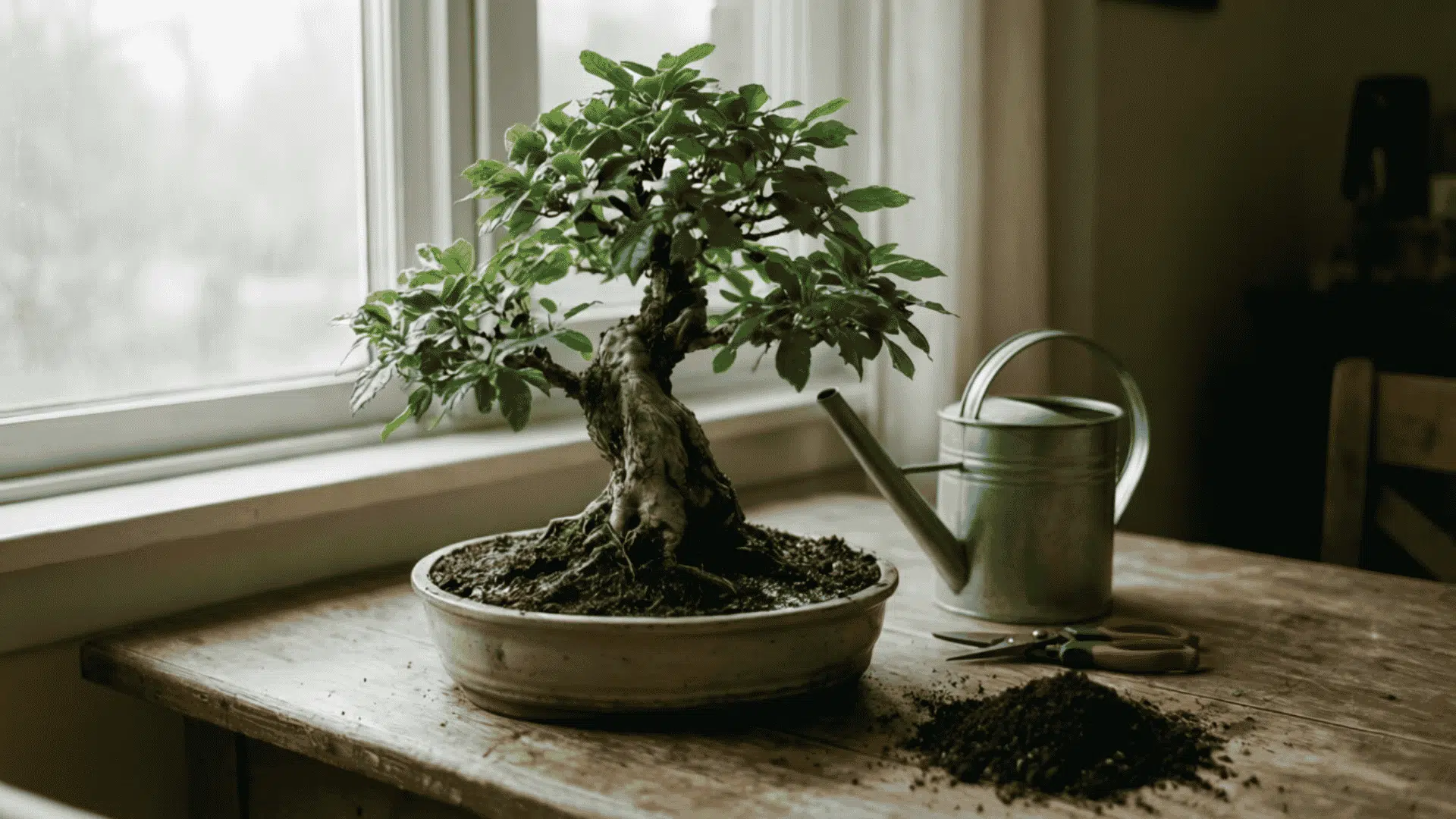 healthy bonsai tree near a bright window with watering can pruning shears fresh soil and humidity tray plant care