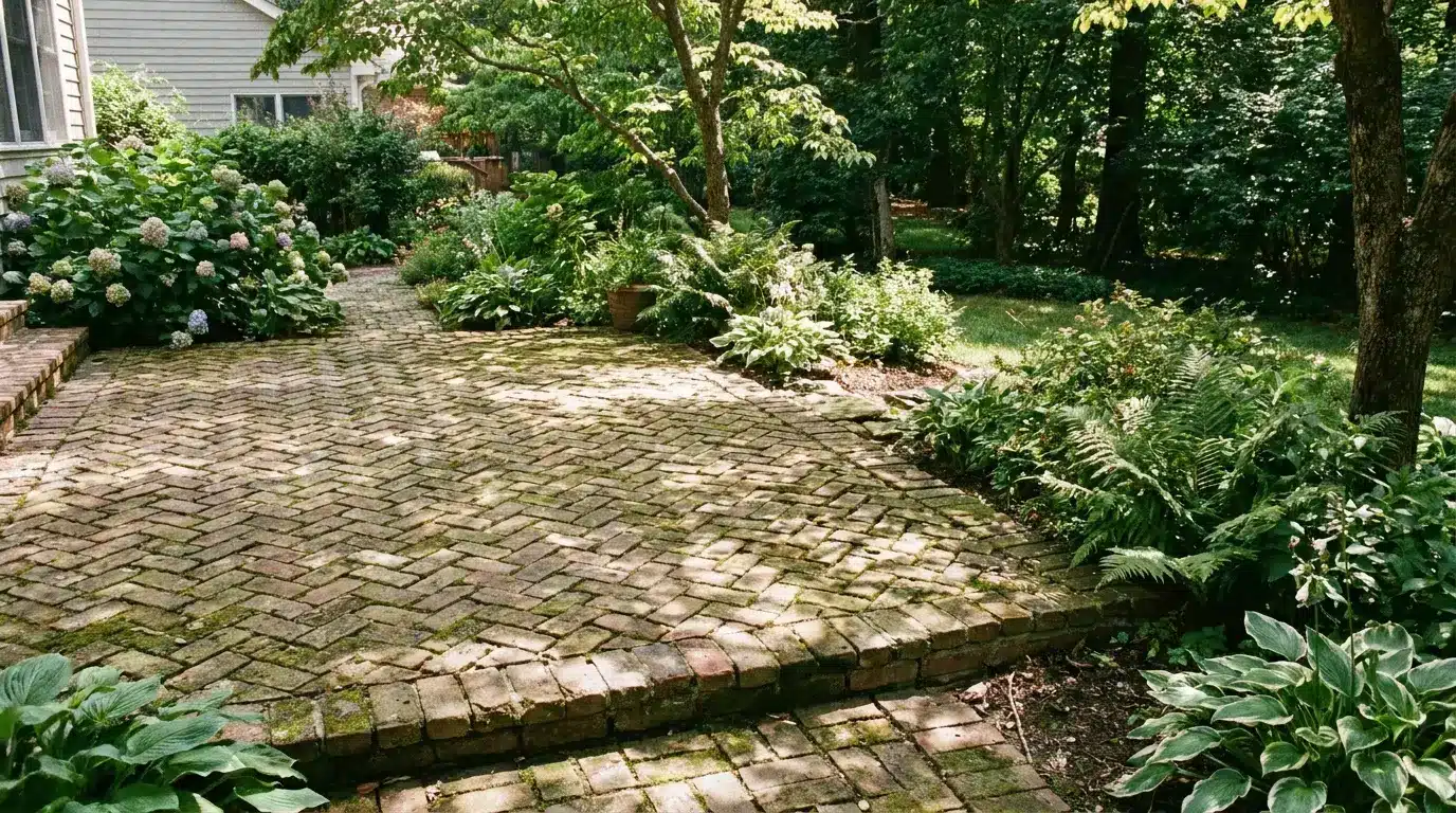 Brick patio surrounded by lush greenery and hydrangea bushes in a serene garden setting