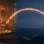 Family gathered in warm-lit living room with tea, cosmic arc reaching to silhouette on hill at night
