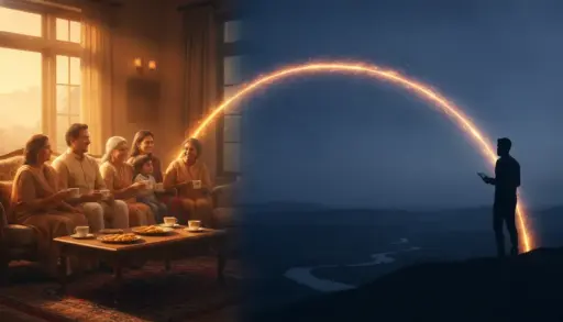 Family gathered in warm-lit living room with tea, cosmic arc reaching to silhouette on hill at night