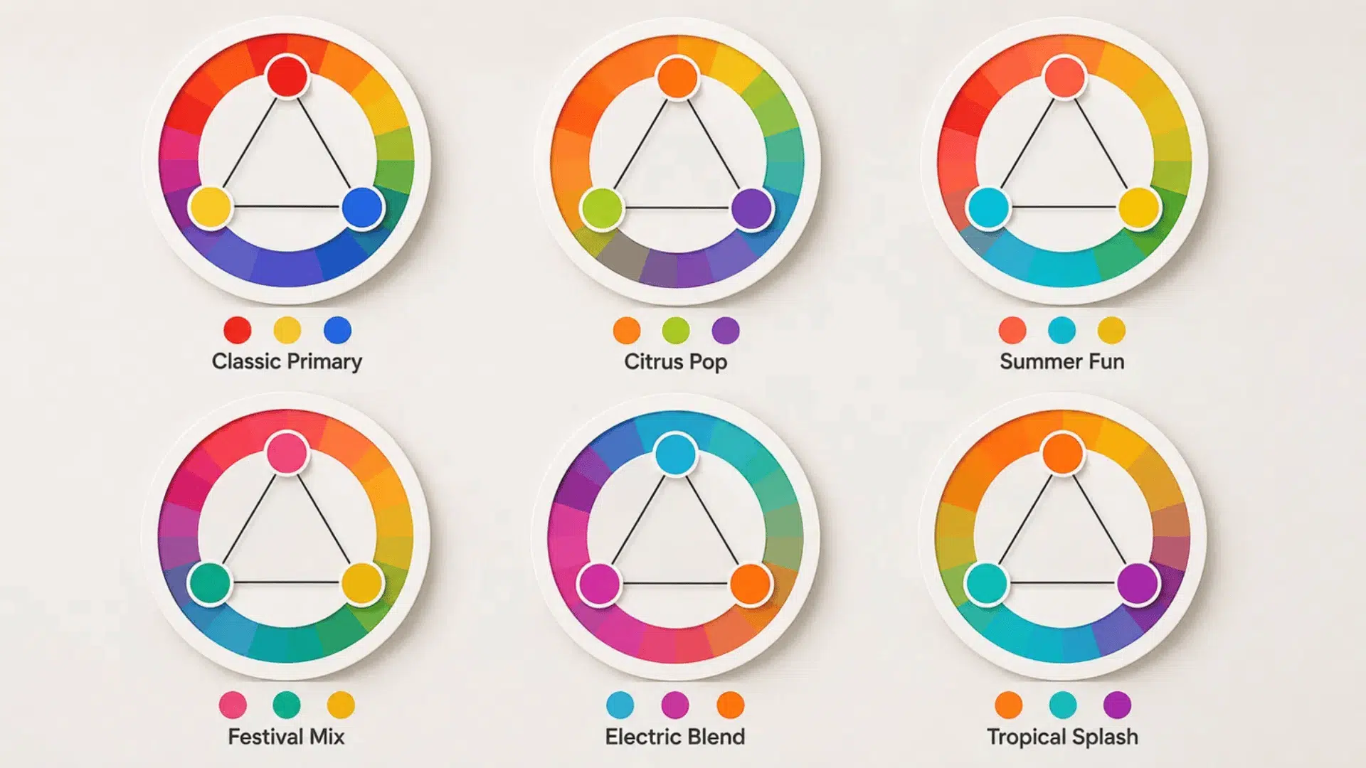 bright triadic color schemes pair strong contrasting hues for lively branding and youth focused projects