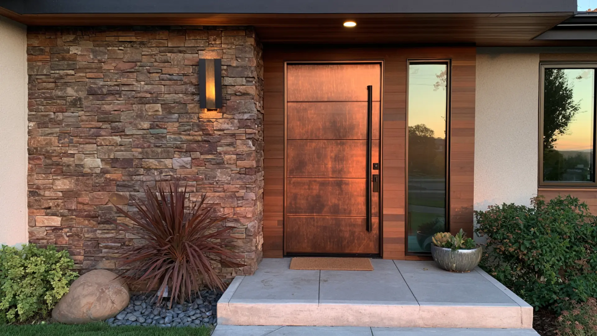 copper toned front door with visible patina on modern craftsman style home