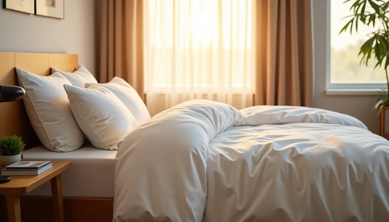 Cozy bedroom with white bedding and pillows next to wooden nightstand, warm sunlight filtering through curtains