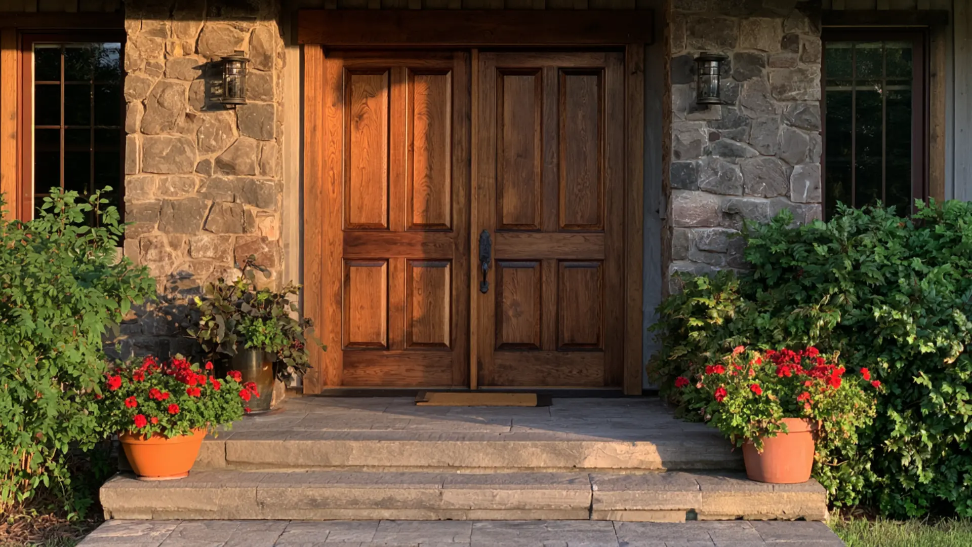natural wood front door with visible grain texture on rustic home exterior