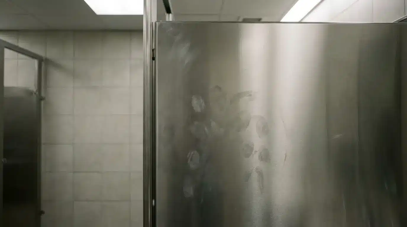 Stainless steel bathroom stall door with visible finger smudges in lit restroom setting
