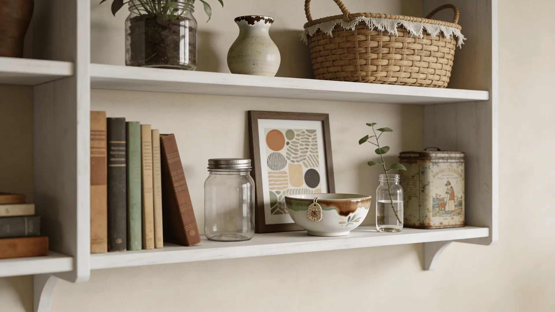 professionally styled shelves with books plants vases and framed art