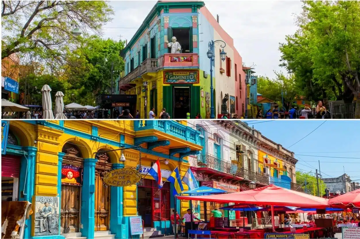 a two-panel collage of vibrant, colorful street scenes in caminito, buenos aires