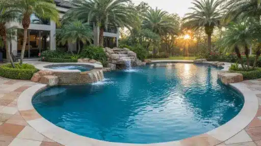 Luxury backyard pool with waterfall feature surrounded by palm trees at sunset