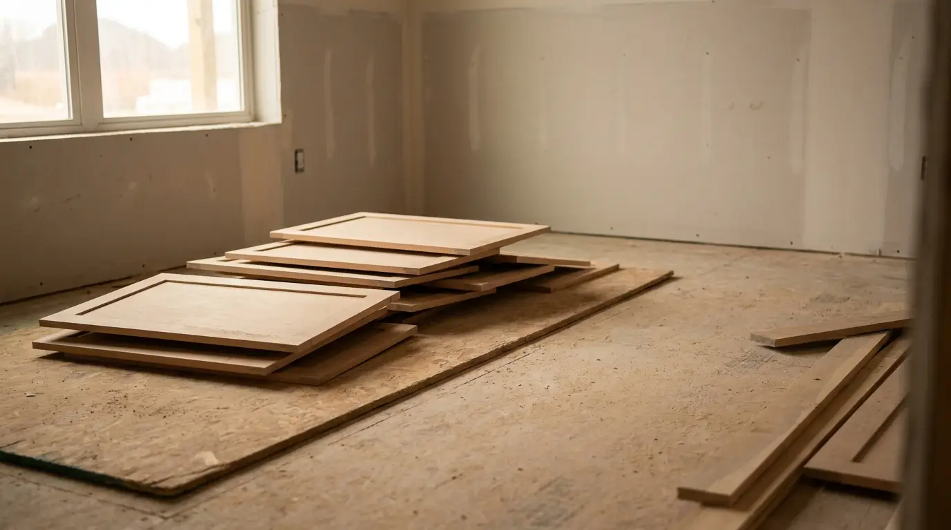 Stack of unfinished wooden cabinet doors on construction site floor