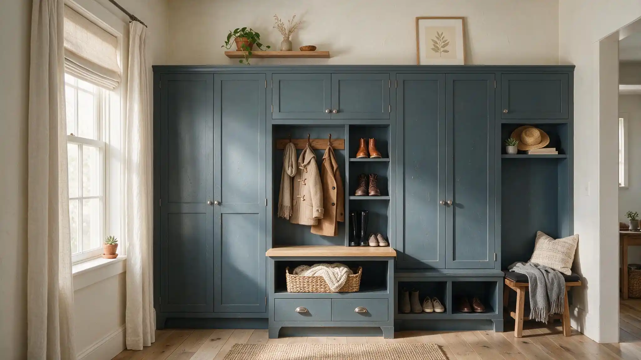 lived in mudroom with deep blue gray cabinets warm white walls oak flooring boots and baskets