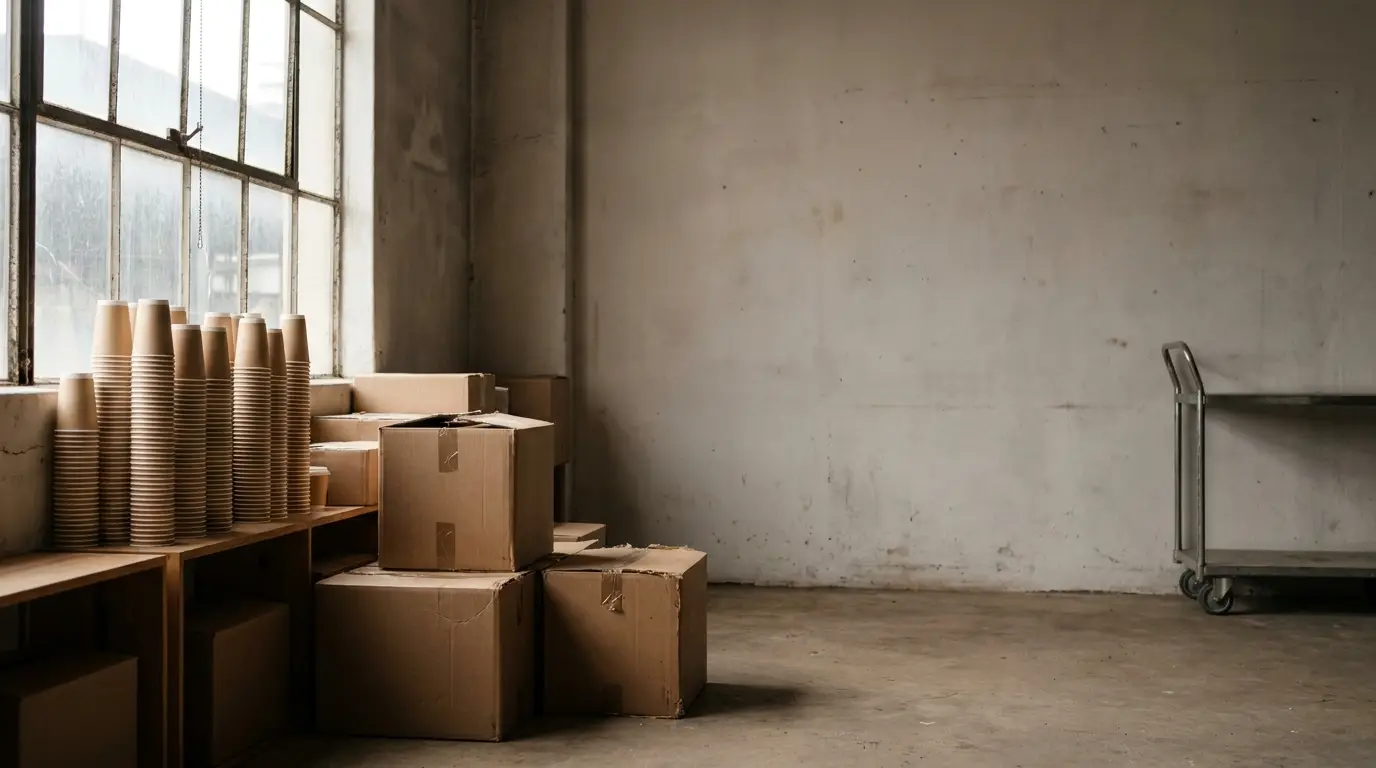 Stacks of paper cups and cardboard boxes on wooden shelf in industrial warehouse