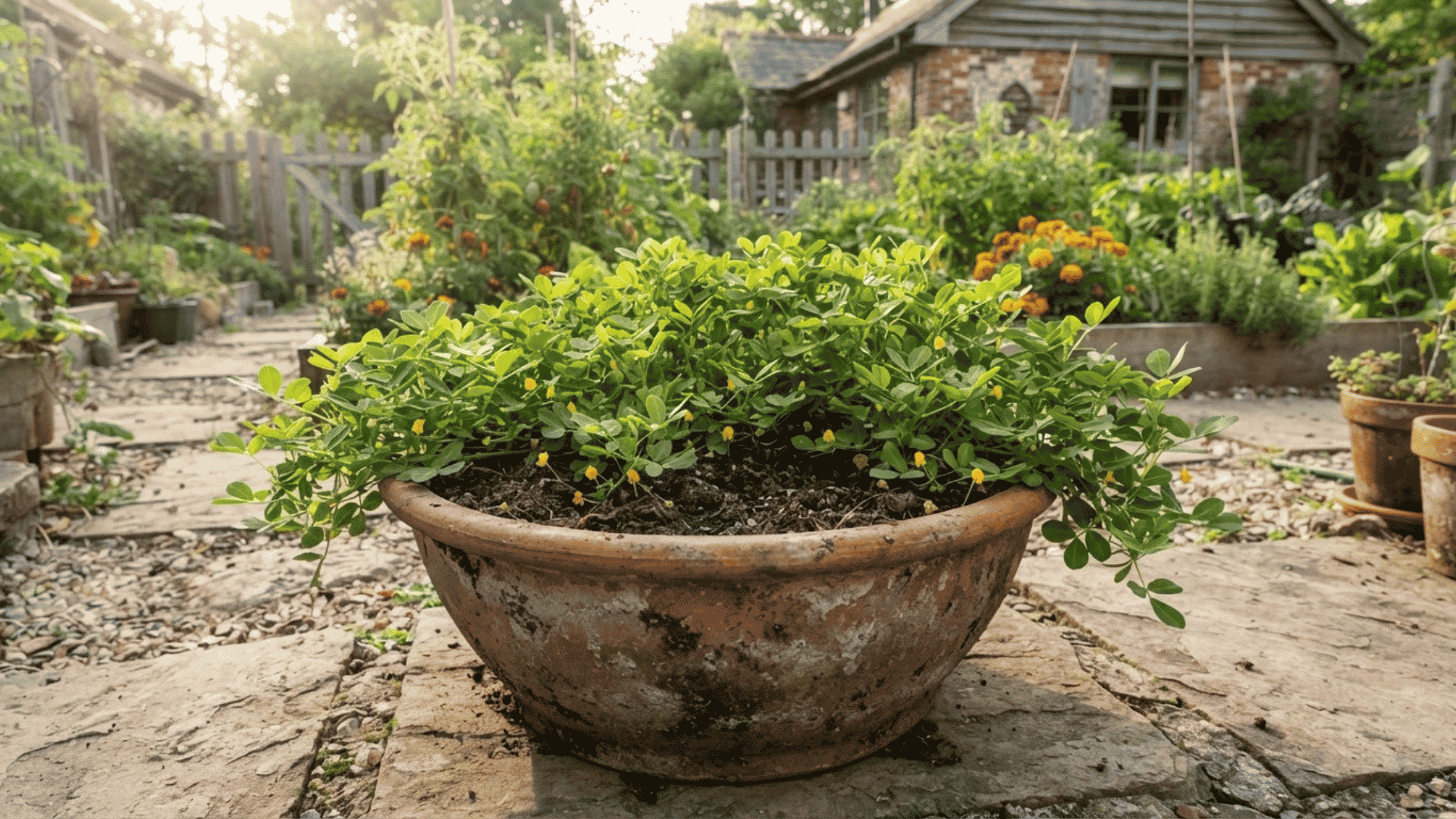healthy peanut plant growing in a wide weathered container with yellow flowers in a sunny garden