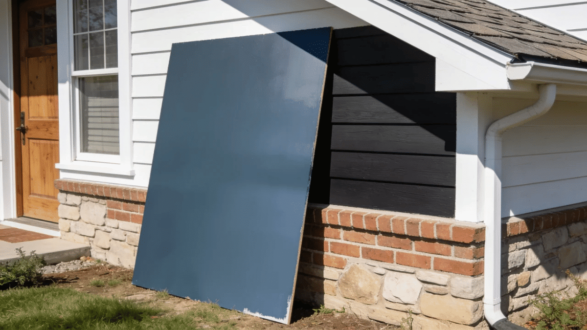large blue-gray exterior paint sample shown in sunlight and shade beside white trim and natural wood