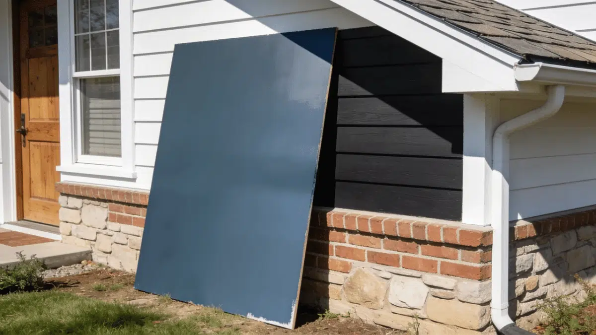 large blue-gray exterior paint sample shown in sunlight and shade beside white trim and natural wood